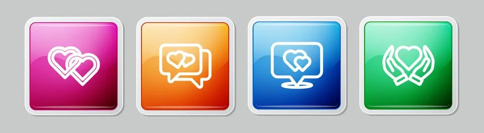 Set line Two Linked Hearts, speech bubble, Location with heart and hand Stock Illustration