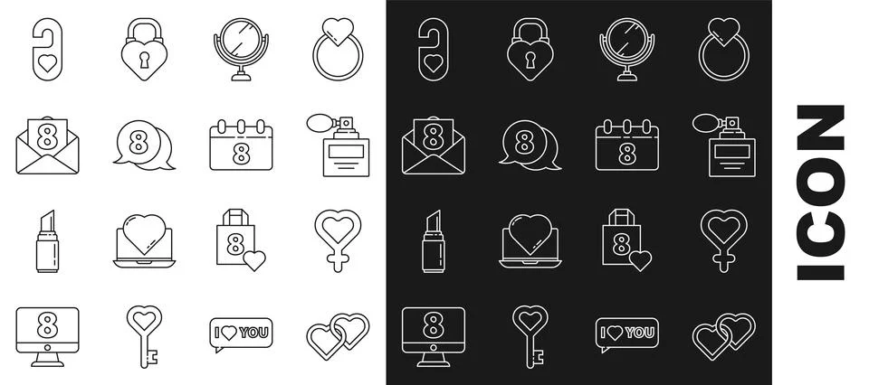 Set line Two Linked Hearts, Female gender symbol, Perfume, Round makeup mirro Stock-Illustration