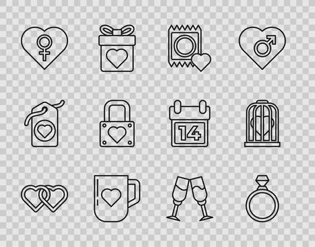 Set line Two Linked Hearts, Diamond engagement ring, Condom package, Coffee c Stock Illustration