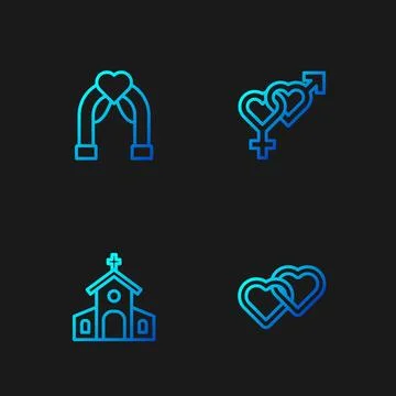 Set line Two Linked Hearts, Church building, Wedding arch and Gender. Gradient Stock Illustration