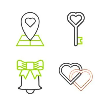 Set line Two Linked Hearts, Ringing bell, Key heart shape and Map pointer with Stockillustratie