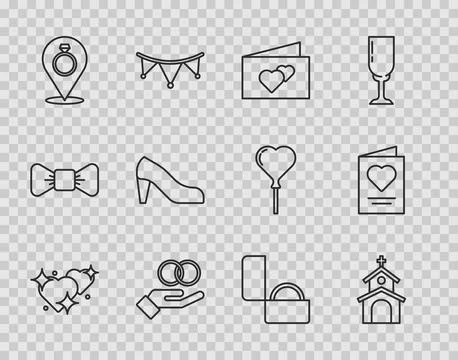 Set line Two Linked Hearts, Church building, Greeting card, Wedding rings, .. Ilustración de archivo