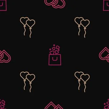 Set line Two Linked Hearts, Balloons form of heart and Shopping bag with on.. Stock Illustration