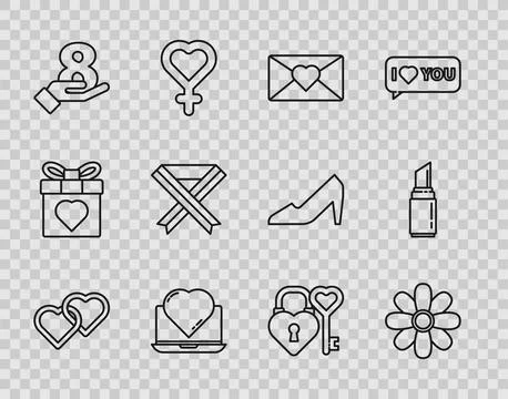 Set line Two Linked Hearts, Flower, Envelope with 8 March, Online dating ap.. Stock Illustration