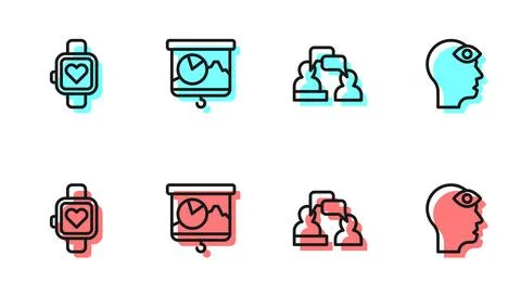 Set line Two sitting men talking, Smart watch, Chalkboard with chart and Man イラスト素材