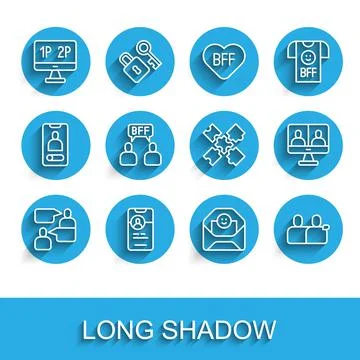 Set line Two sitting men talking, Dating app online, Computer monitor screen Stock Illustration