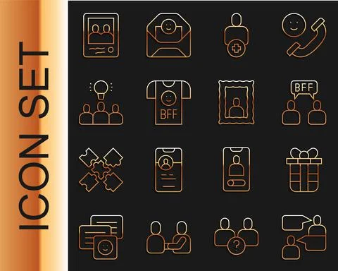 Set line Two sitting men talking, Gift box, BFF or best friends forever, Add to Stock Illustration