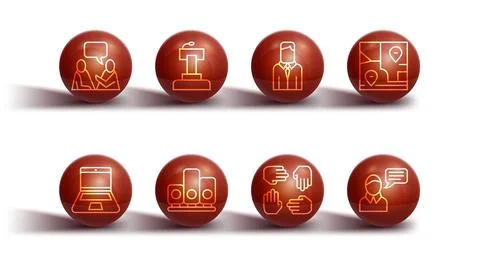 Set line Two sitting men talking, Laptop, Folded map with location, Project team Illustrazione stock