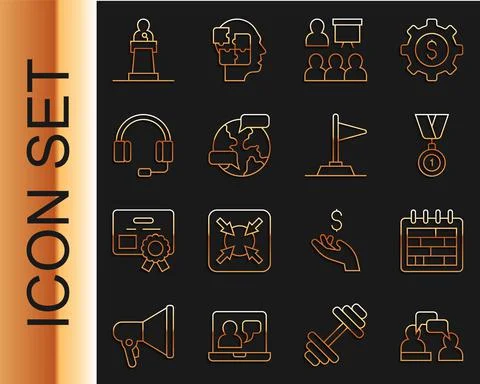 Set line Two sitting men talking, Calendar, Medal, Training, presentation Stock Illustration