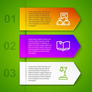 Set line Two sitting men talking, Open book and Table lamp. Business infographic Illustrazione stock