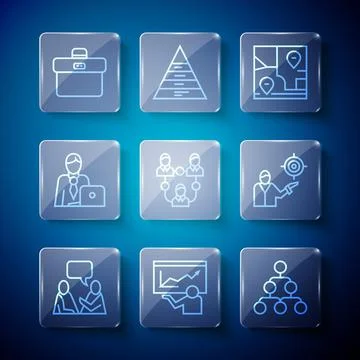 Set line Two sitting men talking, Training, presentation, Hierarchy organogram Stock Illustration