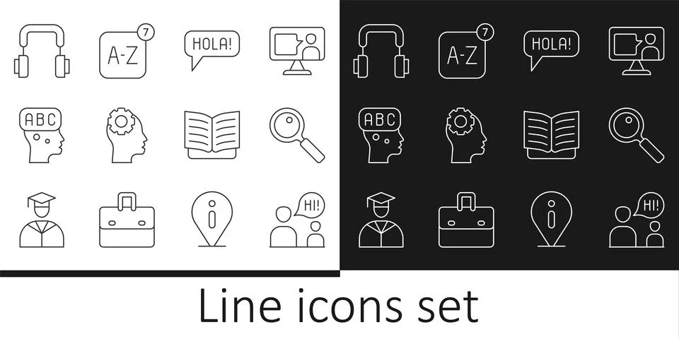 Set line Two sitting men talking, Magnifying glass, Hola different languages, Stock Illustration