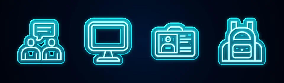 Set line Two sitting men talking, Computer monitor, Identification badge and Stock Illustration