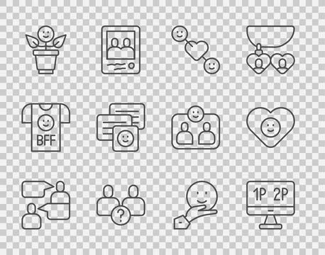Set line Two sitting men talking, Computer monitor screen, Romantic relationship Stock Illustration