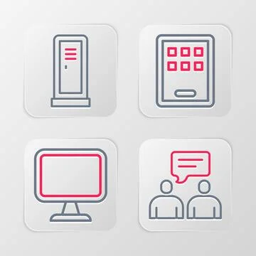 Set line Two sitting men talking, Computer monitor, Graphic tablet and Locker Stock Illustration