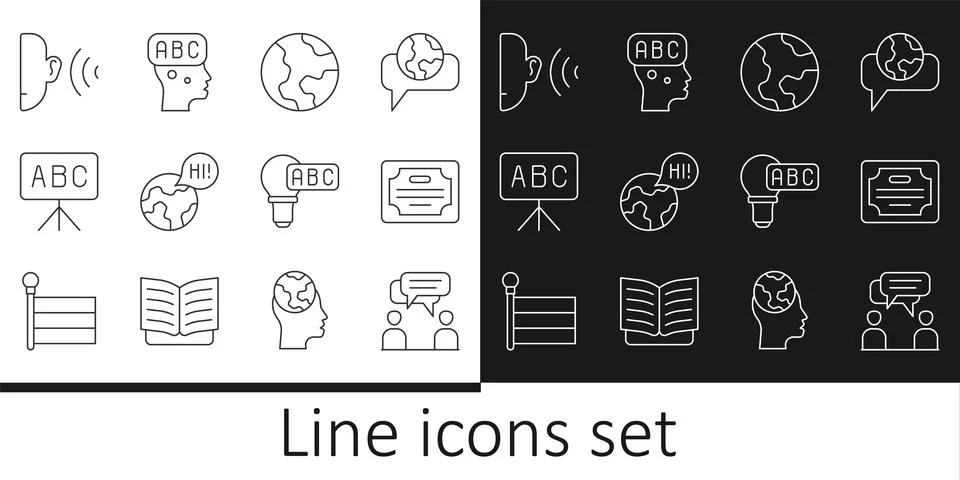 Set line Two sitting men talking, Certificate template, Earth globe, Learni.. Stock Illustration