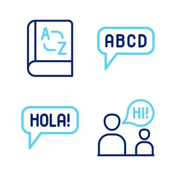 Set line Two sitting men talking, Hola different languages, Alphabet and Tr.. Stock Illustration