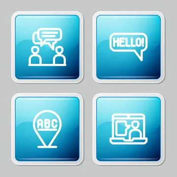 Set line Two sitting men talking, Hello different languages, Alphabet and F.. Stock Illustration