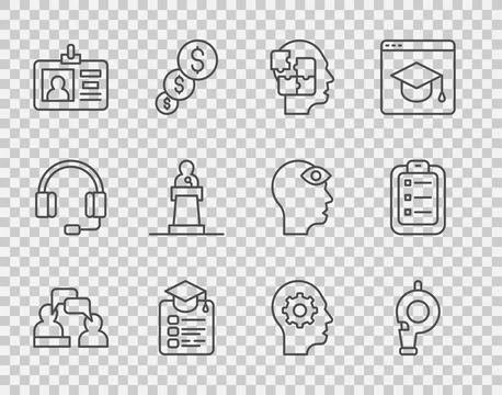 Set line Two sitting men talking, Whistle, Head puzzles strategy, Online ed.. Illustration