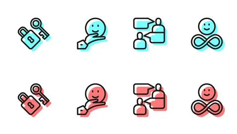 Set line Two sitting men talking, Lock with key, Happy friendship day and F.. Stock Illustration