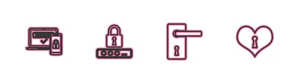Set line Two steps authentication, Door handle, Password protection and Heart Stock Illustration