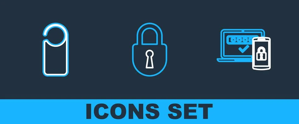Set line Two steps authentication, Please do not disturb and Lock icon. Vector Stock Illustration
