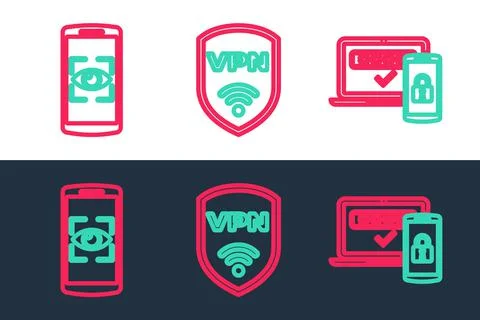 Set line Two steps authentication, Mobile and eye scan and Shield with VPN Stock Illustration