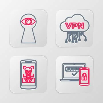Set line Two steps authentication, Mobile and face recognition, Cloud VPN int Stock Illustration