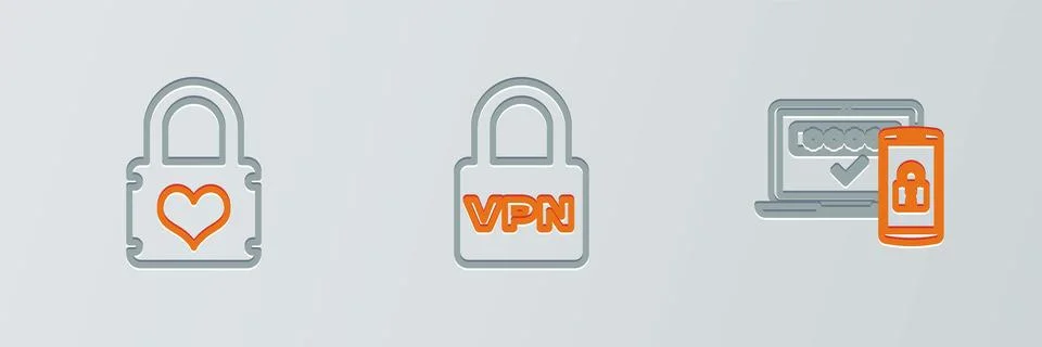 Set line Two steps authentication, Padlock with heart and Lock VPN icon. Vector Stock Illustration