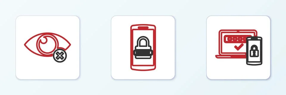 Set line Two steps authentication, Invisible or hide and Mobile and passwor.. Stock Illustration