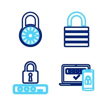 Set line Two steps authentication, Password protection, Lock and Safe combi.. Stock Illustration
