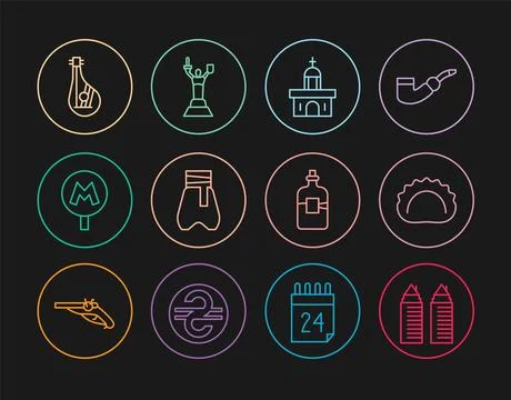 Set line Two towers in Dnipro, Dumplings, Church building, Cossack pants, M.. Ilustración de archivo
