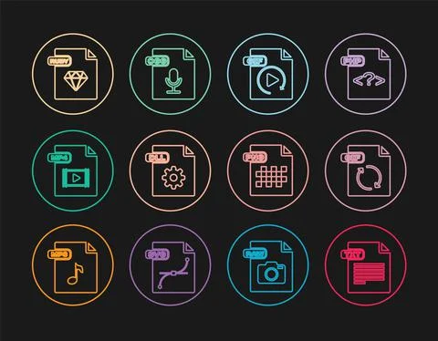 Set line TXT file document, GIF, DLL, MP4, RUBY, PNG and OGG icon. Vector Illustrazione stock