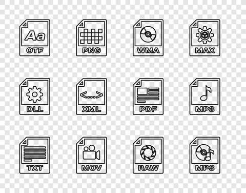 Set line TXT file document, MP3, WMA, MOV, OTF, XML, RAW and icon. Vector 스톡 일러스트