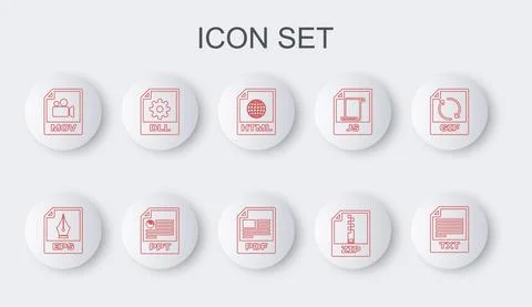 Set line TXT file document, EPS, HTML, ZIP, MOV, DLL, PPT and PDF icon. Vector 스톡 일러스트