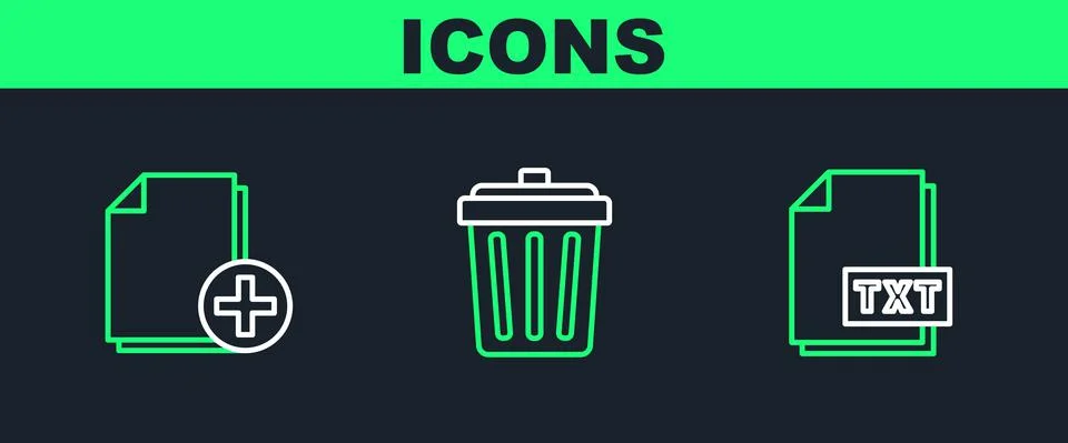 Set line TXT file document, Add new and Trash can icon. Vector Stock-Illustration