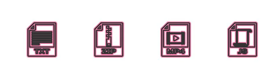Set line TXT file document, MP4, ZIP and JS icon. Vector Stock Illustration