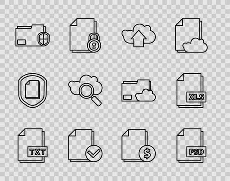 Set line TXT file document, PSD, Cloud upload, Document and check mark, folde Illustrazione stock