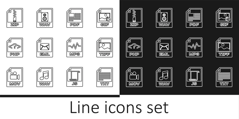 Set line TXT file document, TIFF, PDF, EML, PHP, ZIP, MP3 and WAV icon. Vector イラスト素材