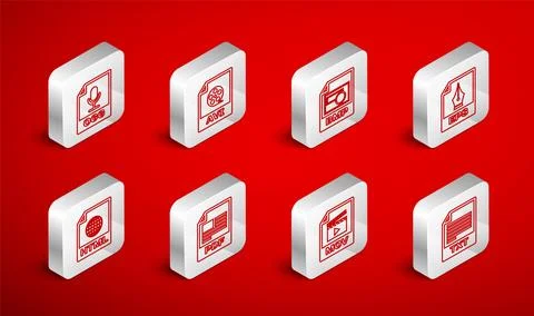 Set line TXT file document, AVI, BMP, EPS, MOV, OGG, PDF and HTML icon. Vecto Stock Illustration