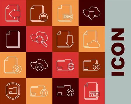 Set line TXT file document, Delete folder, Cloud storage text, DOC, Search .. Stock Illustration