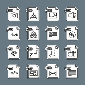Set line TXT file document, PNG, WMA, JPG, 3DS, OTF, RAW and DOC icon. Vector イラスト素材