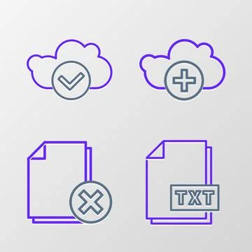 Set line TXT file document, Delete, Add cloud and Cloud with check mark ico.. 스톡 일러스트