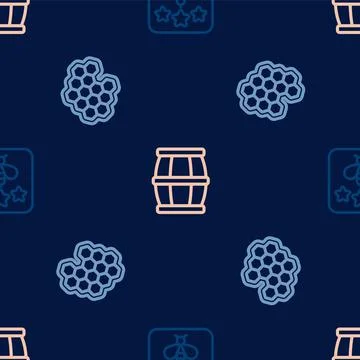 Set line Type of bee, Honeycomb and Wooden barrel with honey on seamless pattern Stock Illustration