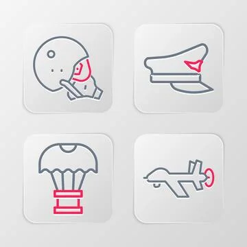 Set line UAV Drone, Box flying parachute, Pilot hat and Modern pilot helmet icon Stock Illustration