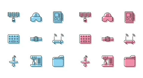 Set line UAV Drone, Coffee machine, Server, Data, Web Hosting, Document folder Illustrazione stock