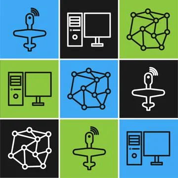 Set line UAV Drone, Neural network and Computer monitor icon. Vector 스톡 일러스트