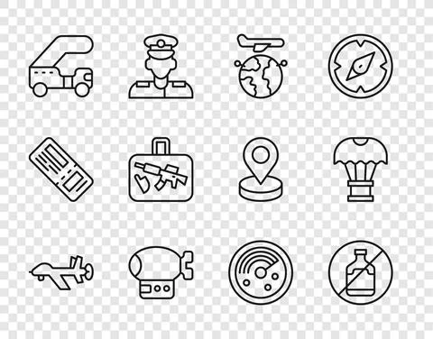 Set line UAV Drone, No alcohol, Globe with flying plane, Airship, Passenger Stock Illustration