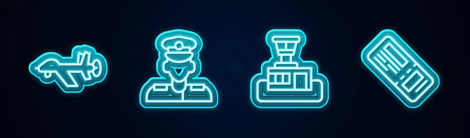 Set line UAV Drone, Pilot, Airport control tower and Airline ticket. Glowing  Stock Illustration