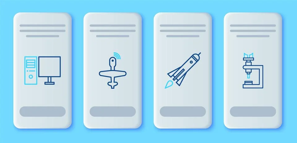Set line UAV Drone, Rocket ship with fire, Computer monitor and Microscope icon Stock Illustration